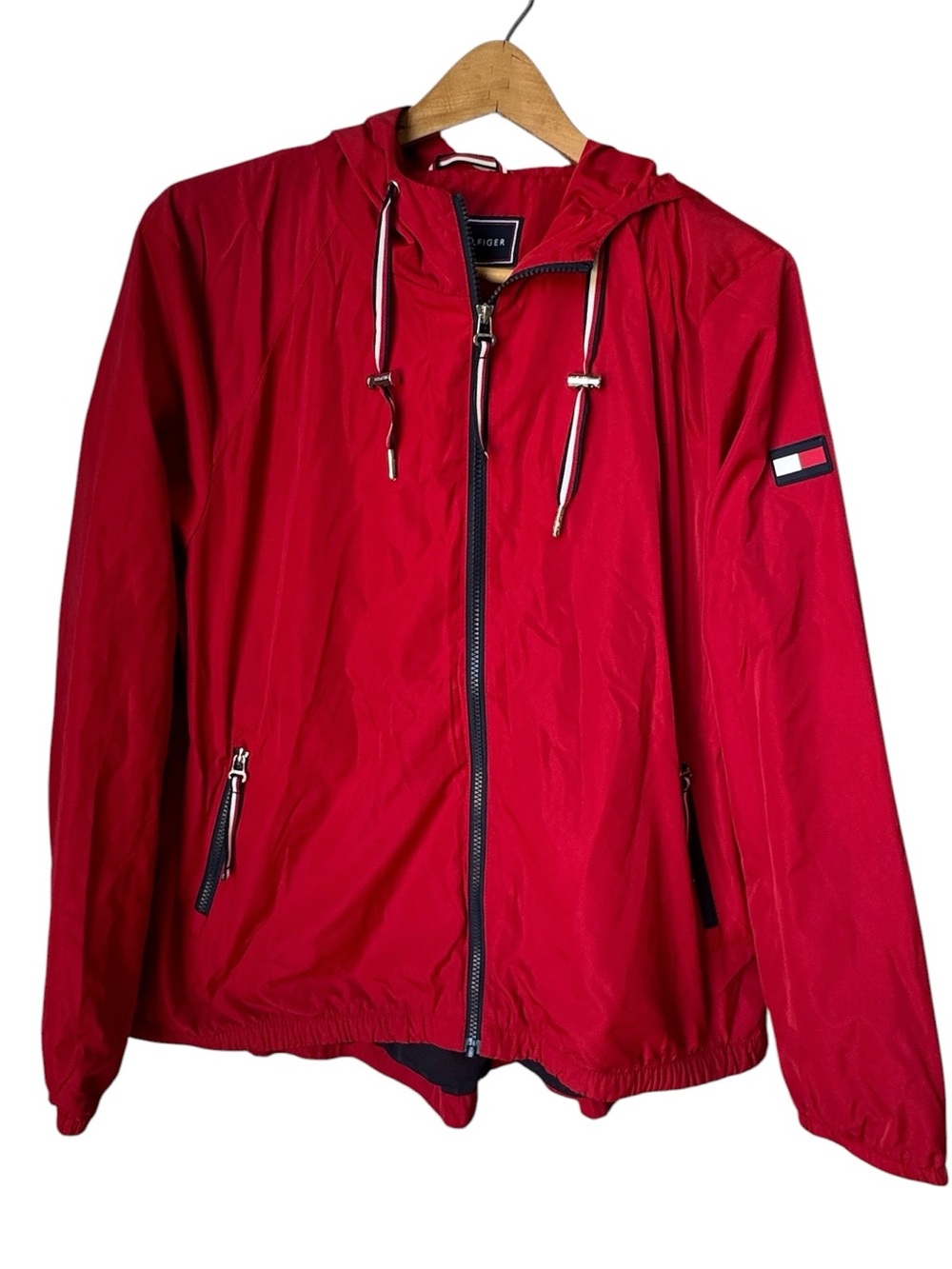 Retro Tommy Hilfiger Women’s XL Red Hooded Zip Windbreaker with Logo Sleeve MINT